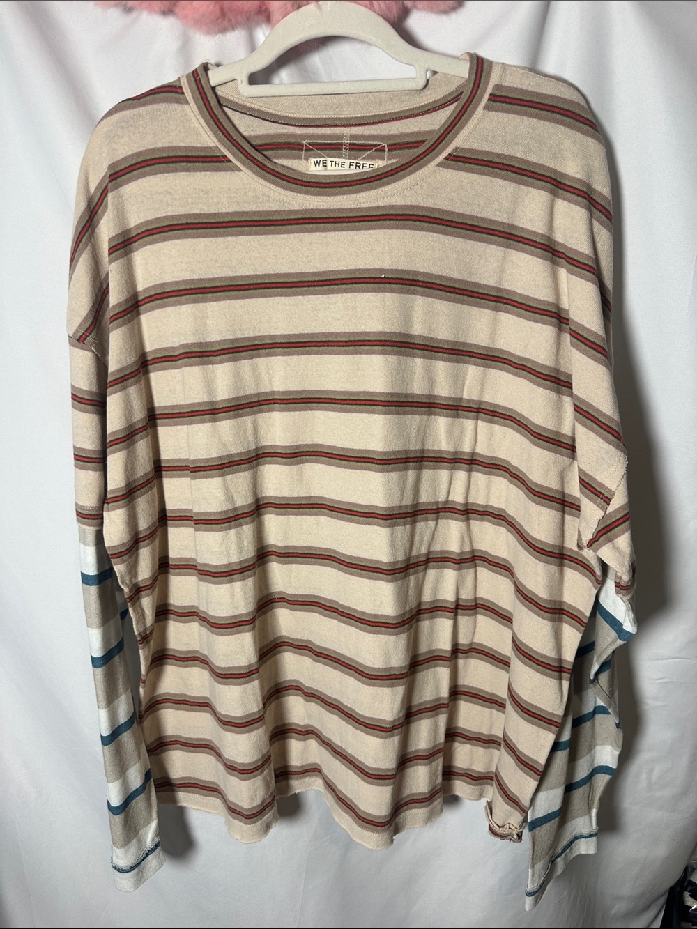 We The Free Beige Long Sleeve Striped Tee with Red and Blue Accents
